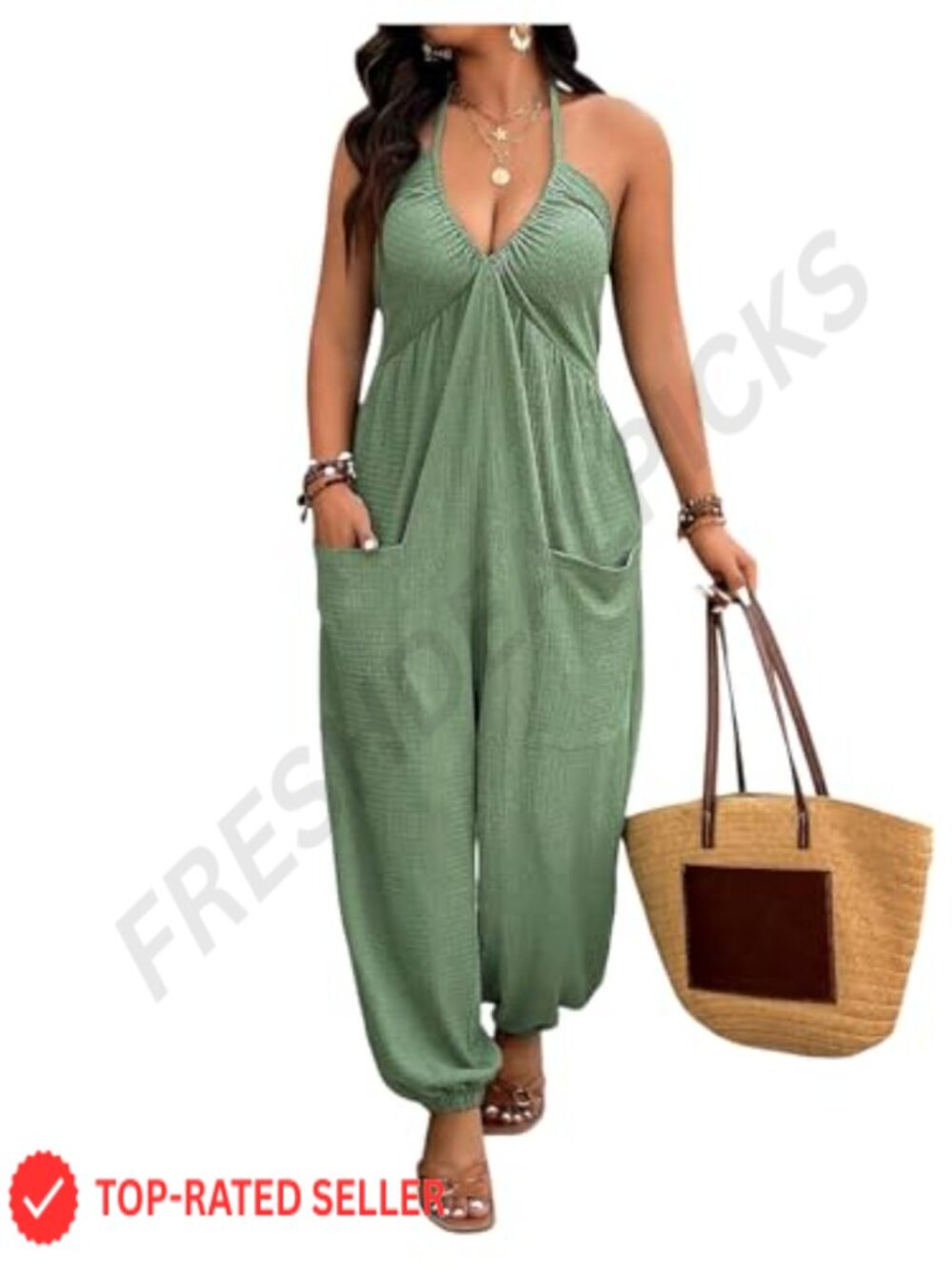 Plus Size Backless Halter Jumpsuit Deep V Neck Sleeveless Pants Romper with